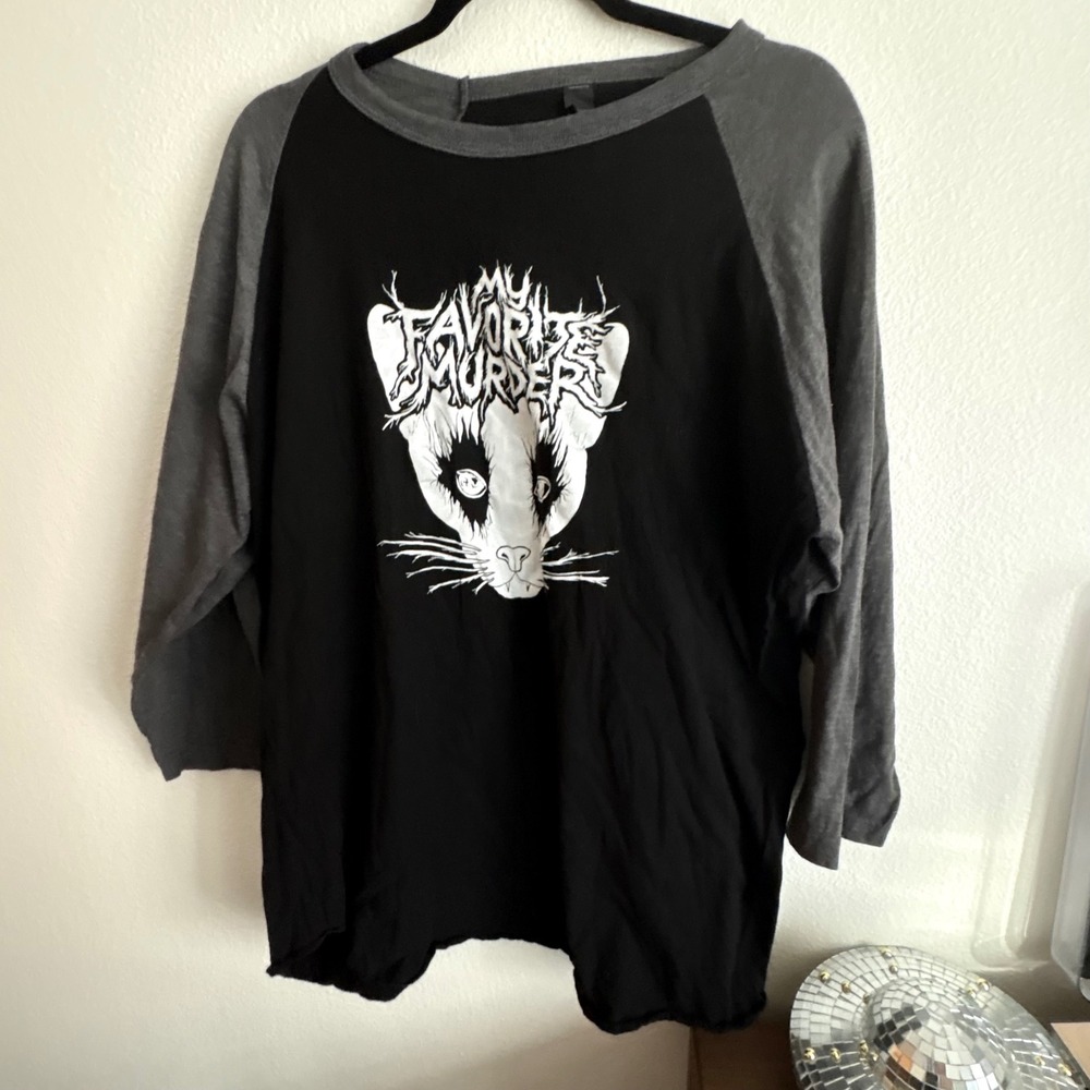 My Favorite Murder Podcast Cat Graphic Raglan Baseball Tee Black Grey Tultex XL